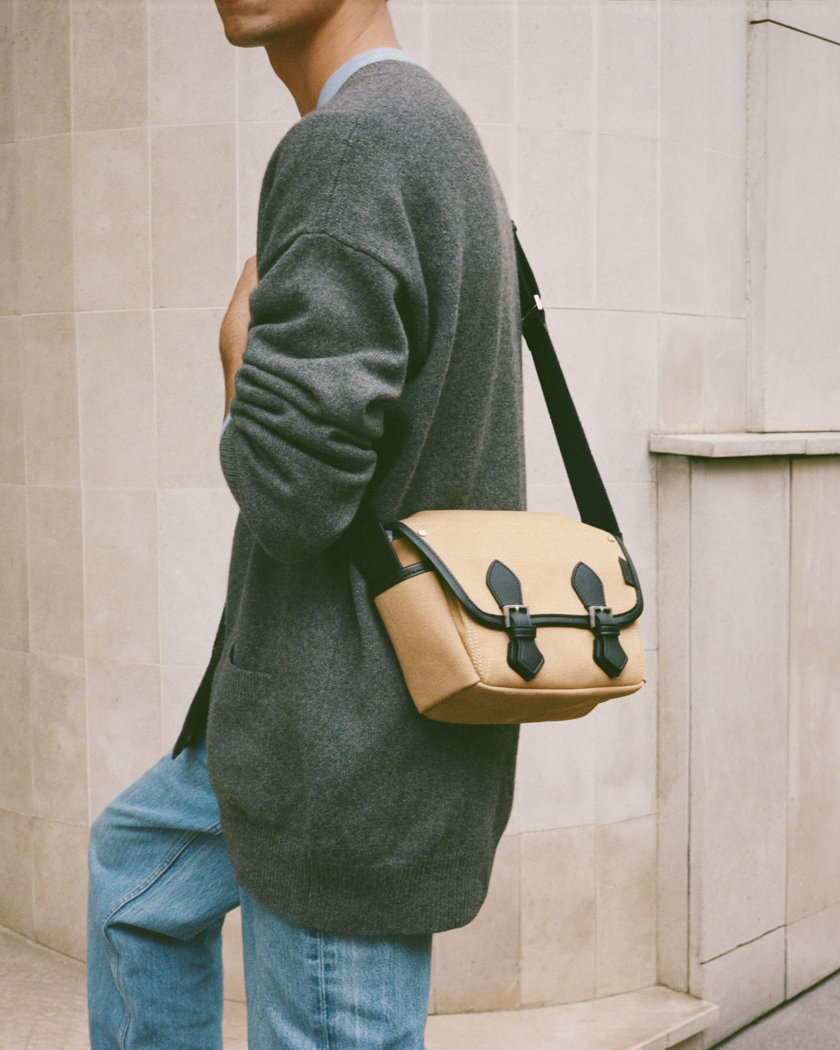 Petit sac bandoulière Solveig en toile coton et cuir lisse
