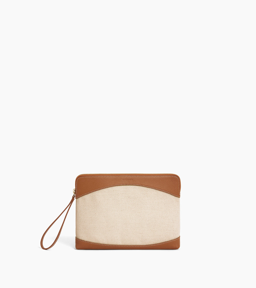 Pochette zippée en toile coton et cuir grainé