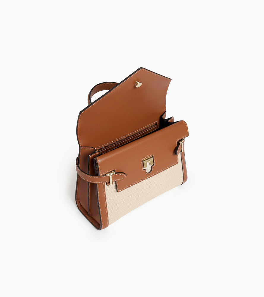 Sac à main double rabat moyen modèle Emilie en toile coton et cuir lisse