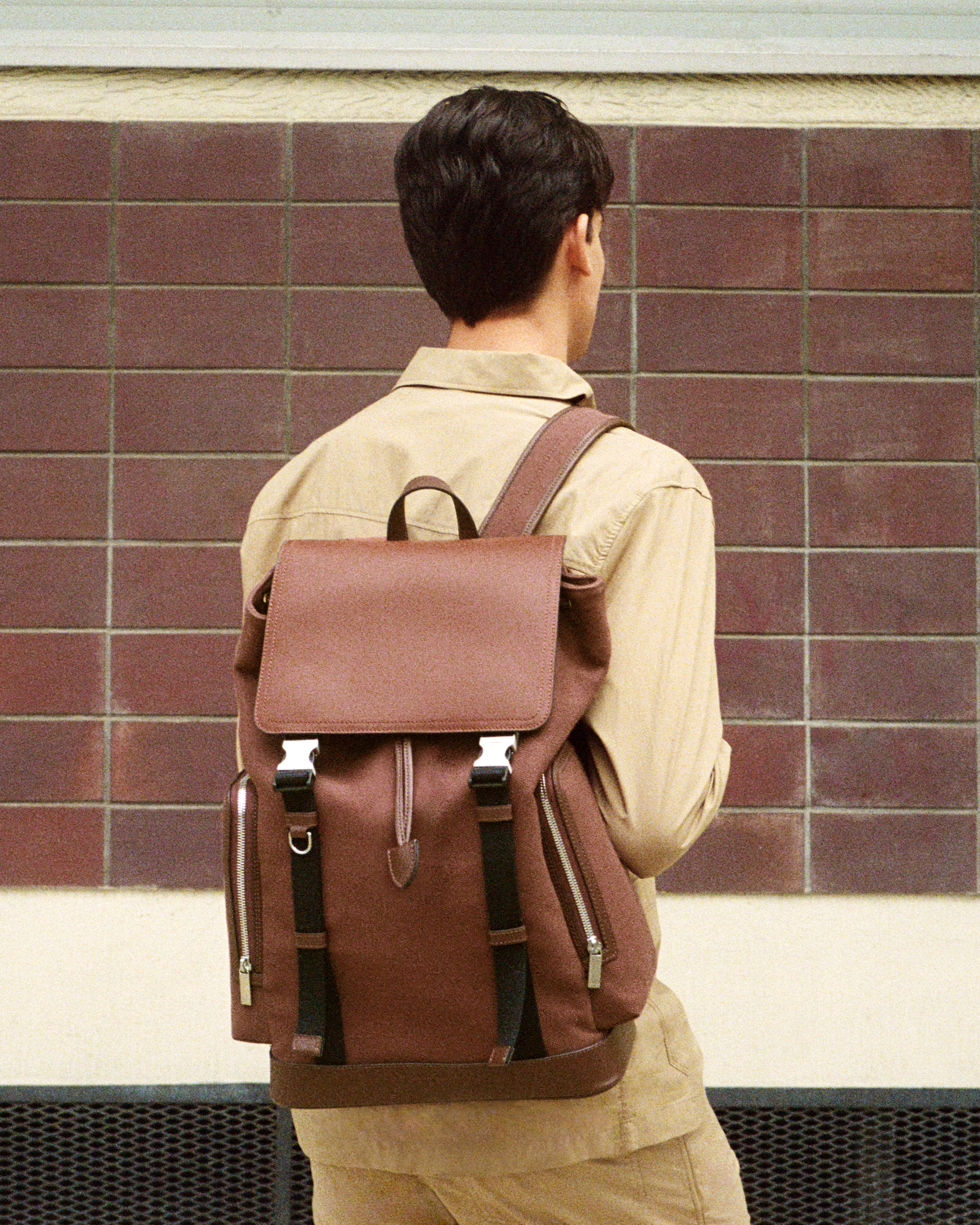 Sac à dos à rabat Maurice en toile coton et cuir lisse