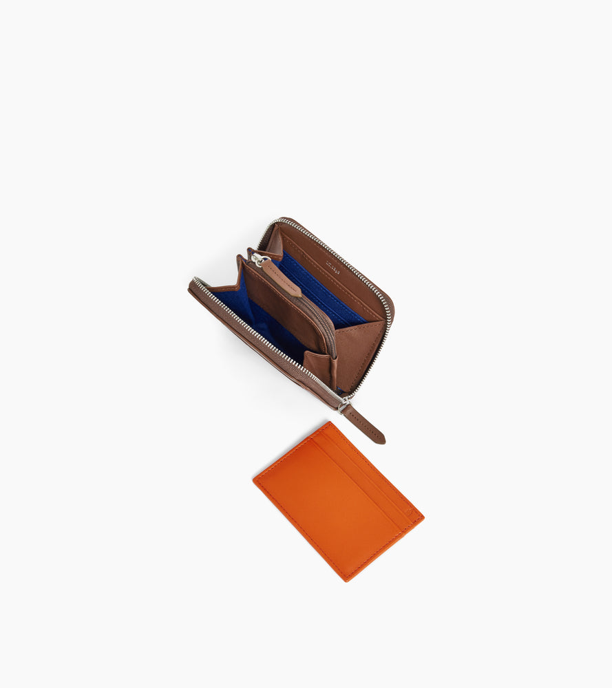 Porte monnaie zippé avec porte cartes amovible Charlotte en cuir lisse